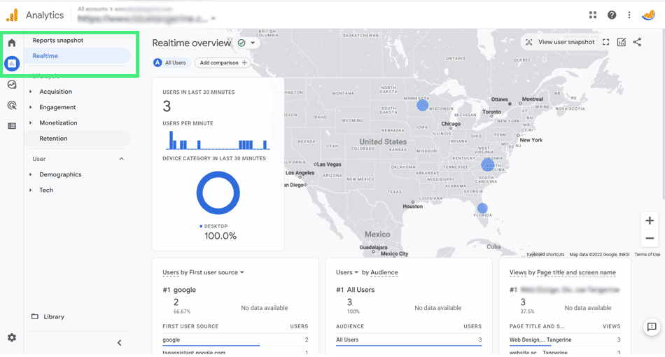 Screenshot GA4 Realtime Reports overview