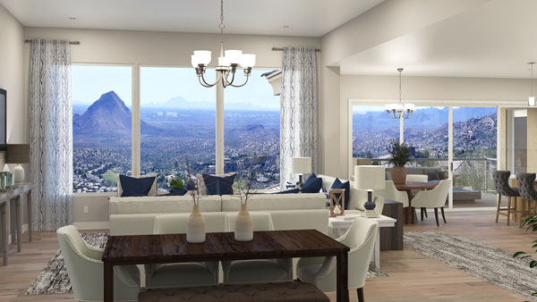 The interior of a home with a view of the living room and a scenic view out the windows.